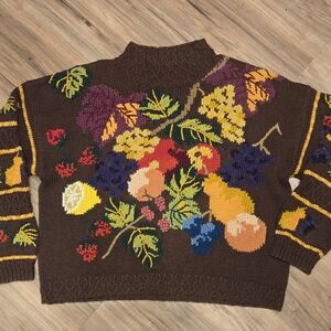 Vintage Knitting Needles Embroidered Fruit Design Crew Neck Chunky Sweater